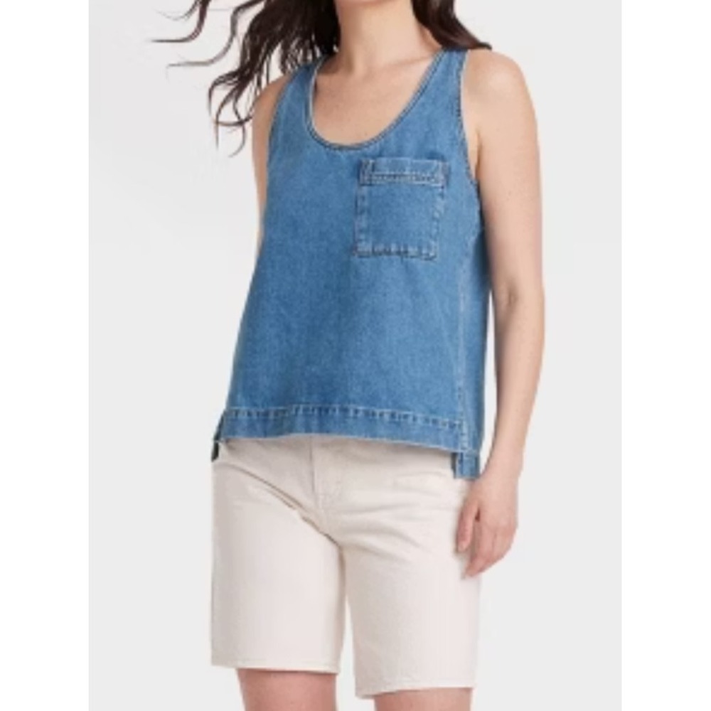 Universal Thread Shirt Womens Size XL Blue Denim Tank Top Pocket Scoop Neck